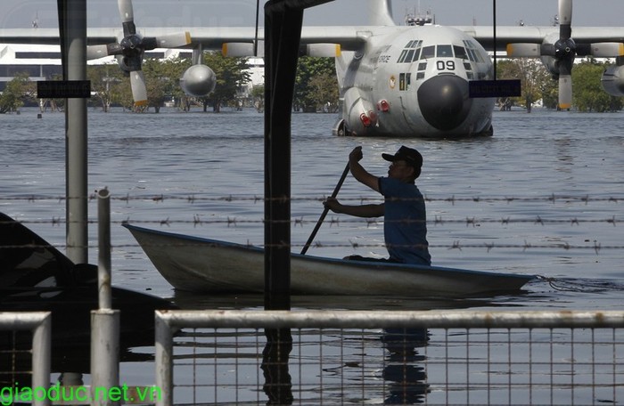 Dàn vận tải cơ C-130 của Không quân Thái bị ngập nước ở sân bay Don Muang
